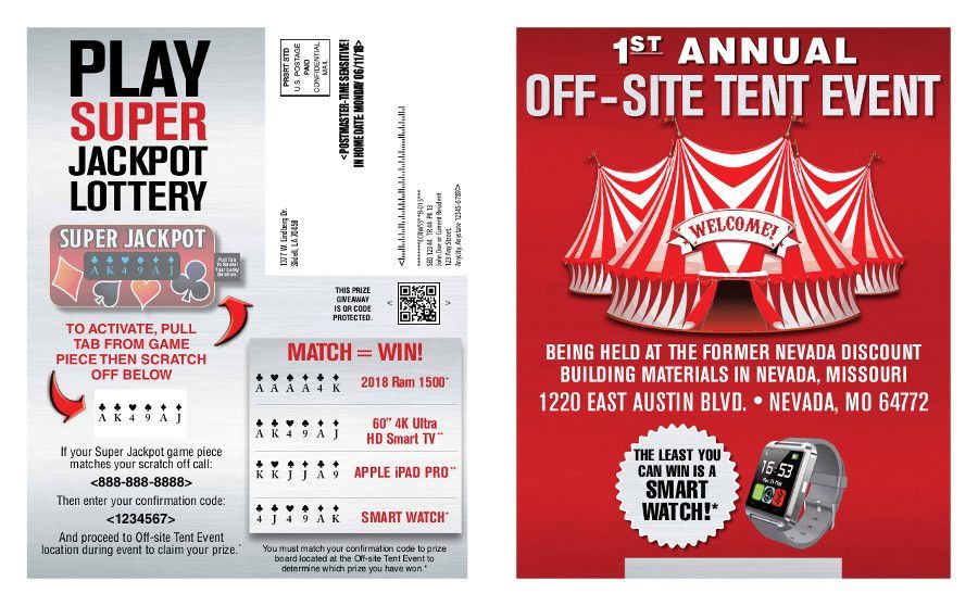Red and white casino ads for a Super Jackpot Lottery and an off-site tent event with tent illustration.