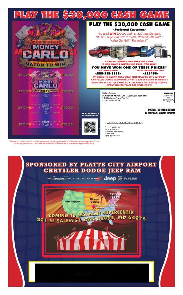 Promotional poster for the $20,000 Cash Game at Tropicana in Atlantic City, with red and white event graphics.