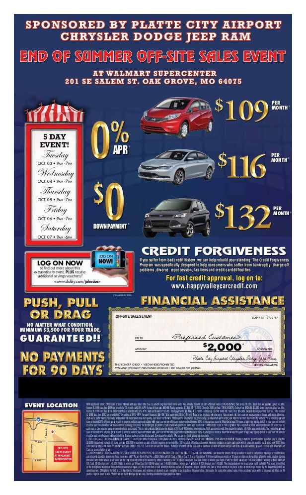 Red and blue car sale flyer with $0 down, monthly payments, and financing offers