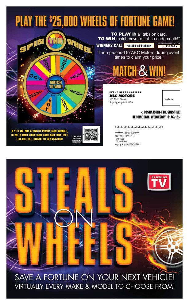 Advertisement for TV’s “Steals & Wheels” and a Fortune Game promo with a colorful prize wheel.