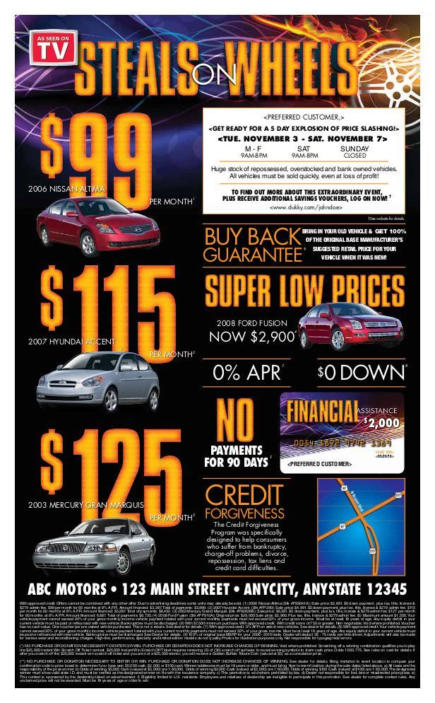 Auto dealership ad with bold orange prices, car photos, and offers like $99, $115, and $125 financing.