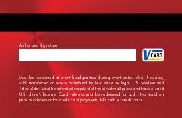 Red card form with an “Authorized Signature” line and V Card logo on a red background.