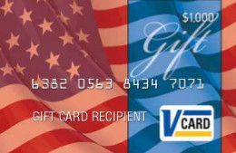 American flag-themed $1,000 gift card with blue panel, card number, and VCard logo.