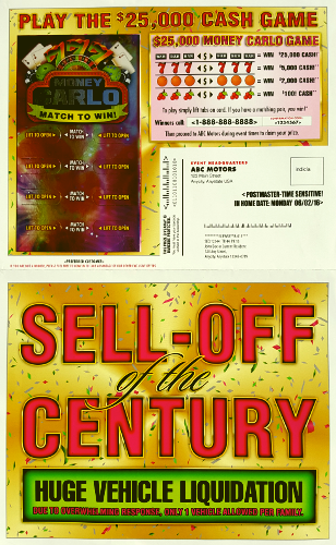 Lottery scratch-off ticket collage with yellow and red ads for cash game and vehicle liquidation