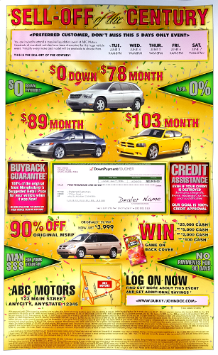 Bright yellow used car sale flyer with cars, prices, and financing offers