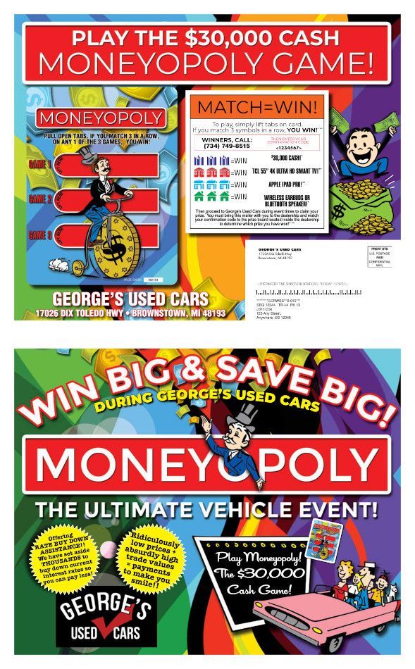 Monopoly Moneyopoly promo with colorful signs, cars, George’s Used Cars logo, and cash prize offers