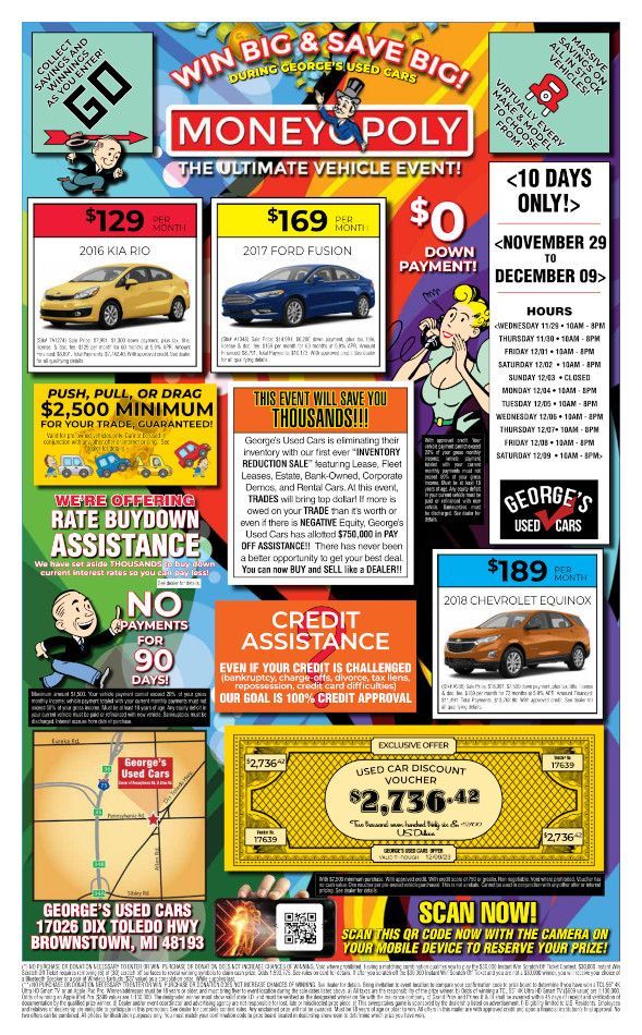 Colorful auto sale flyer with multiple car ads, prices, and financing offers for Money-Poly dealership.