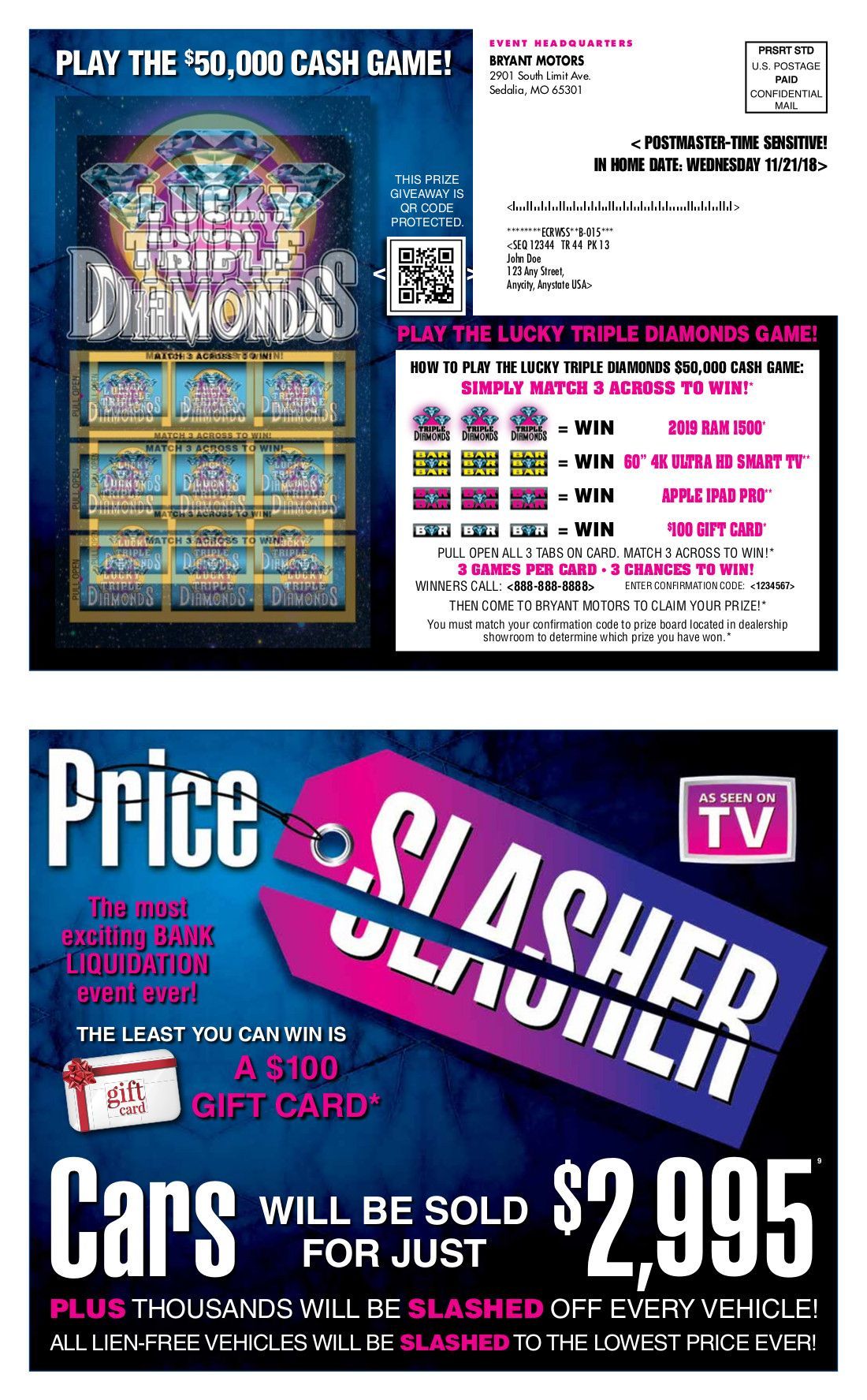 Casino slot machine ad with blue “Big Deal,” pink “Slashed,” and price $2,995 on black background