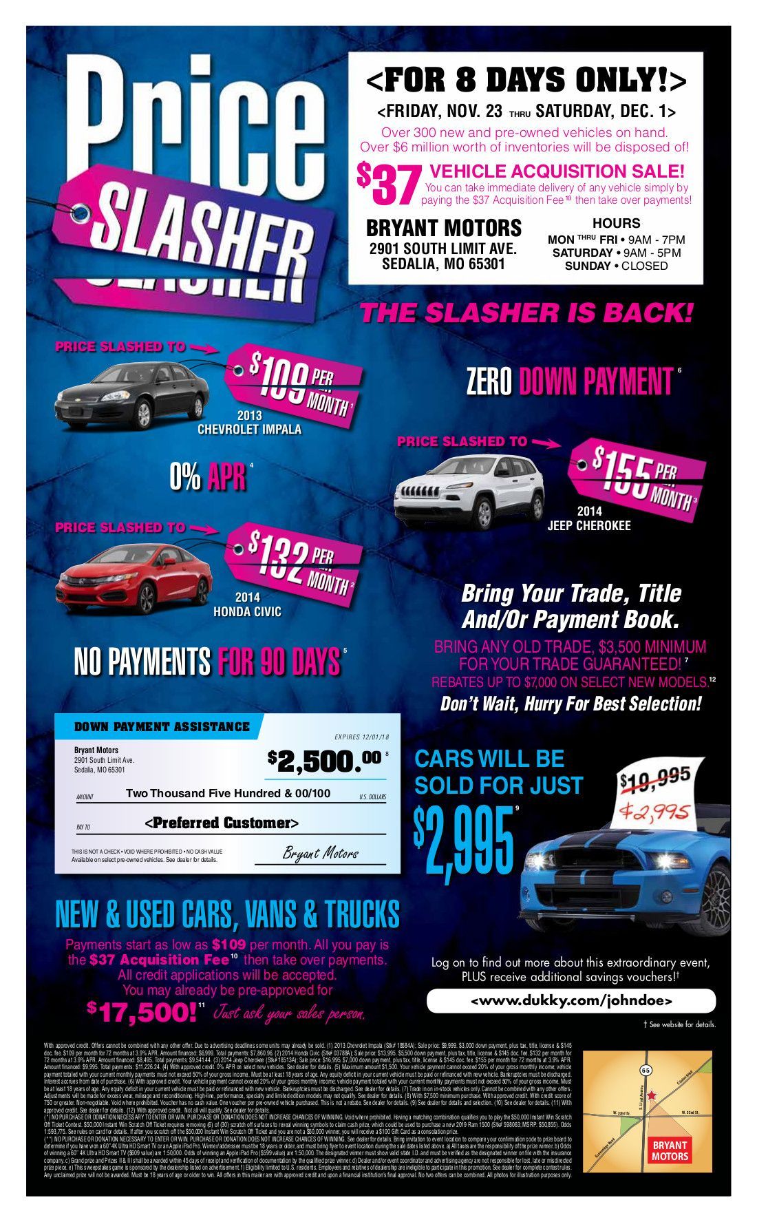 Price slashed car sale flyer with bold blue, pink, and white text, featuring car photos and discount offers