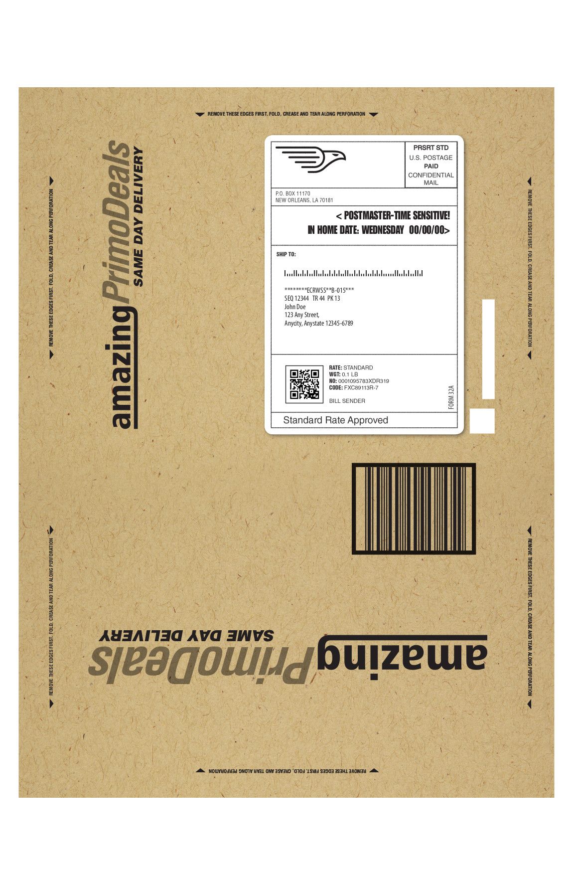 Amazon Prime parcel box with shipping label and barcode on brown cardboard