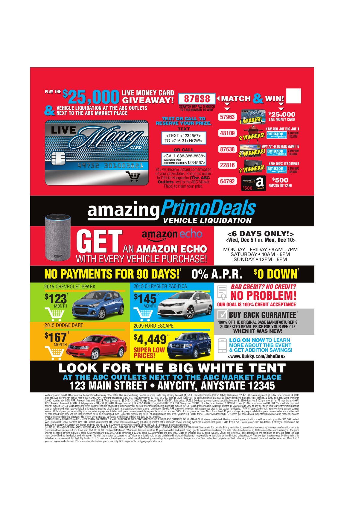 Red promotional flyer advertising Amazon Print Deals with bold sale text, product images, and pricing offers.