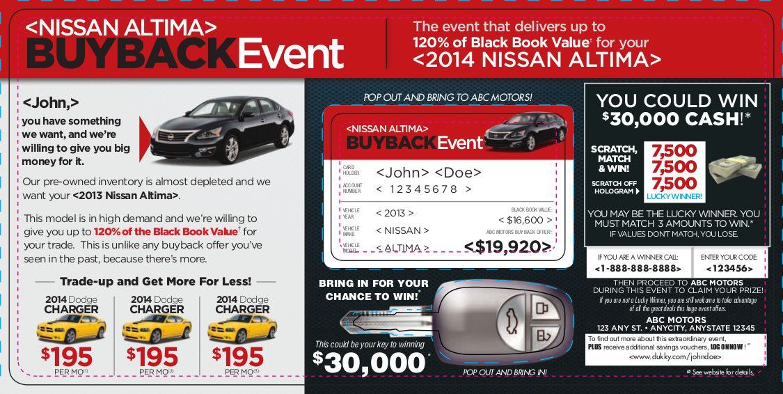 Nissan Altima Buyback Event ad with red background, car photo, pricing boxes, and cash-back offer details