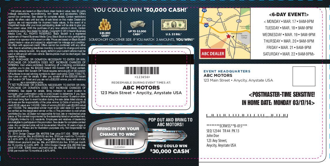 Dark insurance card with barcode, text blocks, map inset, and white address label on the right