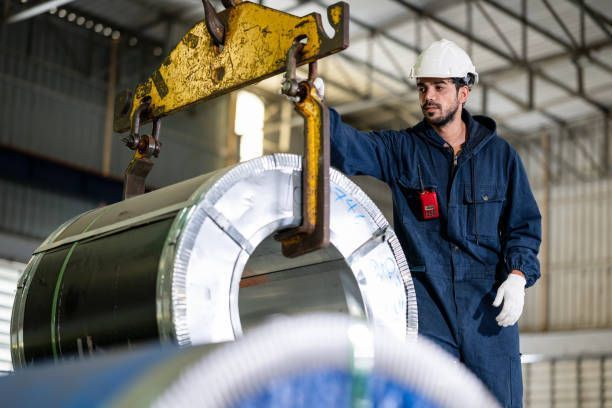 A man is lifting a large metal coil with a crane in a factory.