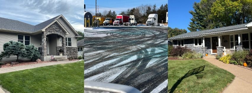 A collage of two stone houses with green lawns, flanking a center photo of heavy tire tracks on a snowy parking lot.