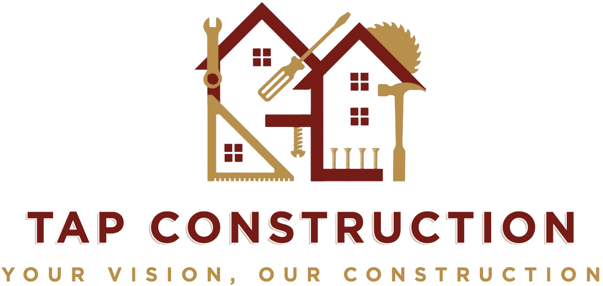 A brown logo for Tap Construction with an icon of two houses made of tools, followed by the company name and slogan.