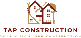A brown logo for Tap Construction with an icon of two houses made of tools, followed by the company name and slogan.