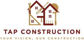 A brown logo for Tap Construction with an icon of two houses made of tools, followed by the company name and slogan.