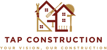 A brown logo for Tap Construction with an icon of two houses made of tools, followed by the company name and slogan.