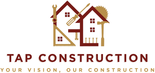 A brown logo for Tap Construction with an icon of two houses made of tools, followed by the company name and slogan.