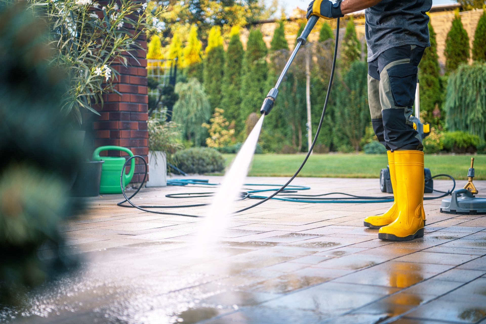 Person power washing a stone patio outdoors. Yellow boots, green trees in background.