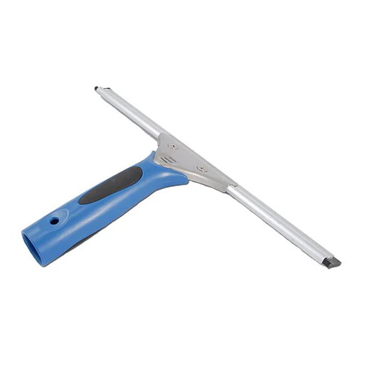 Blue and silver window squeegee with a black grip.