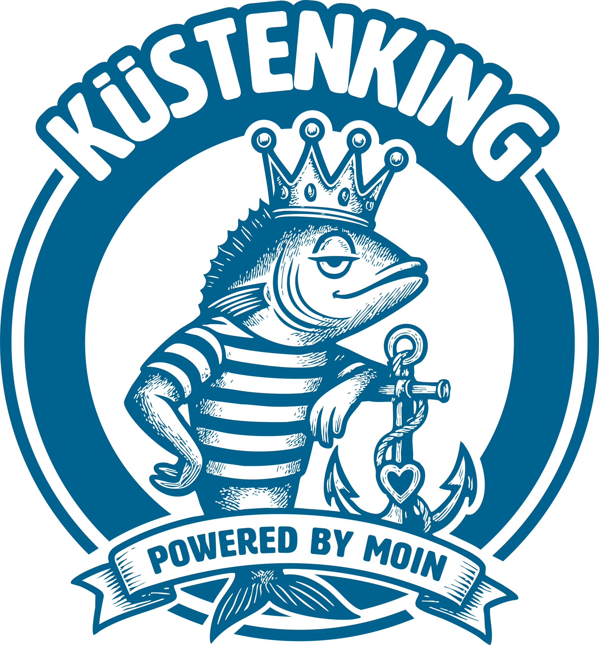 Blau-weißes KÜSTENKING-Logo mit einem gekrönten Fischmaskottchen, das einen Dreizack hält, und einem Banner mit der Aufschrift „Powered by MOIN“