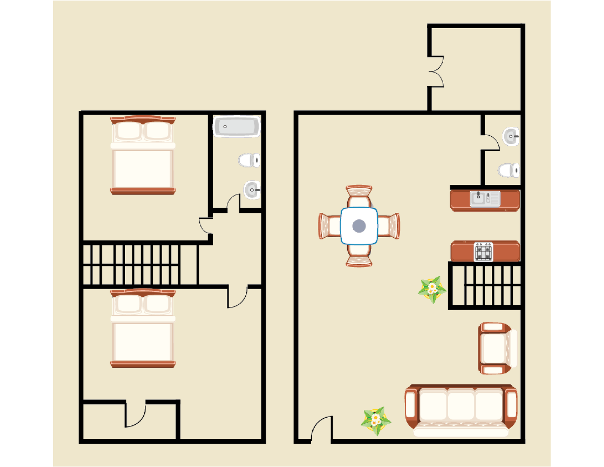 A floor plan of a house with two bedrooms , a living room , and a dining room.