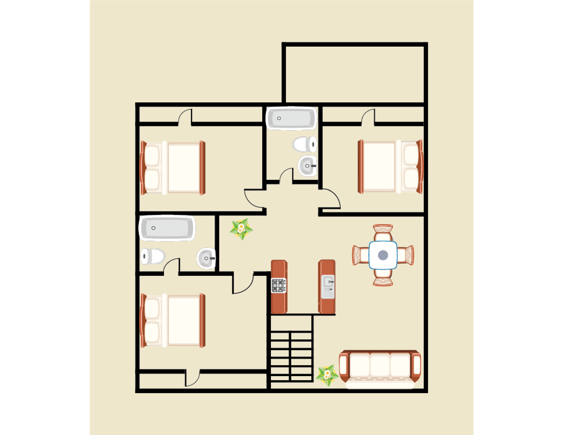 A floor plan of a house with a couch , table and chairs.