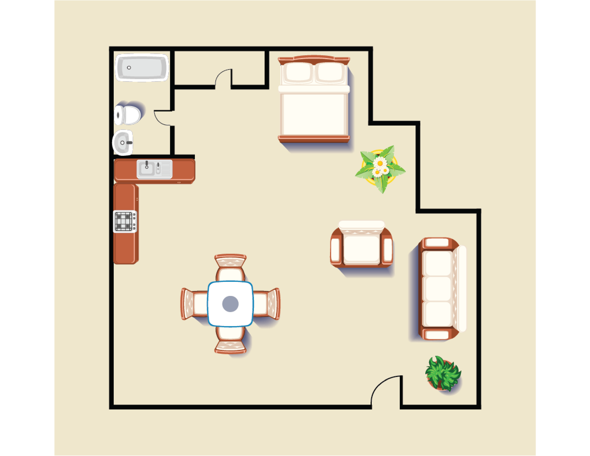 A floor plan of a house with a bedroom , living room , dining room , and kitchen.
