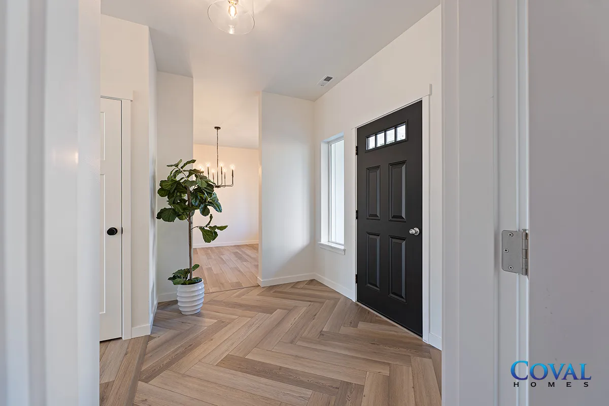 Bright entryway with black front door, herringbone wood floor, white walls, and a potted plant.