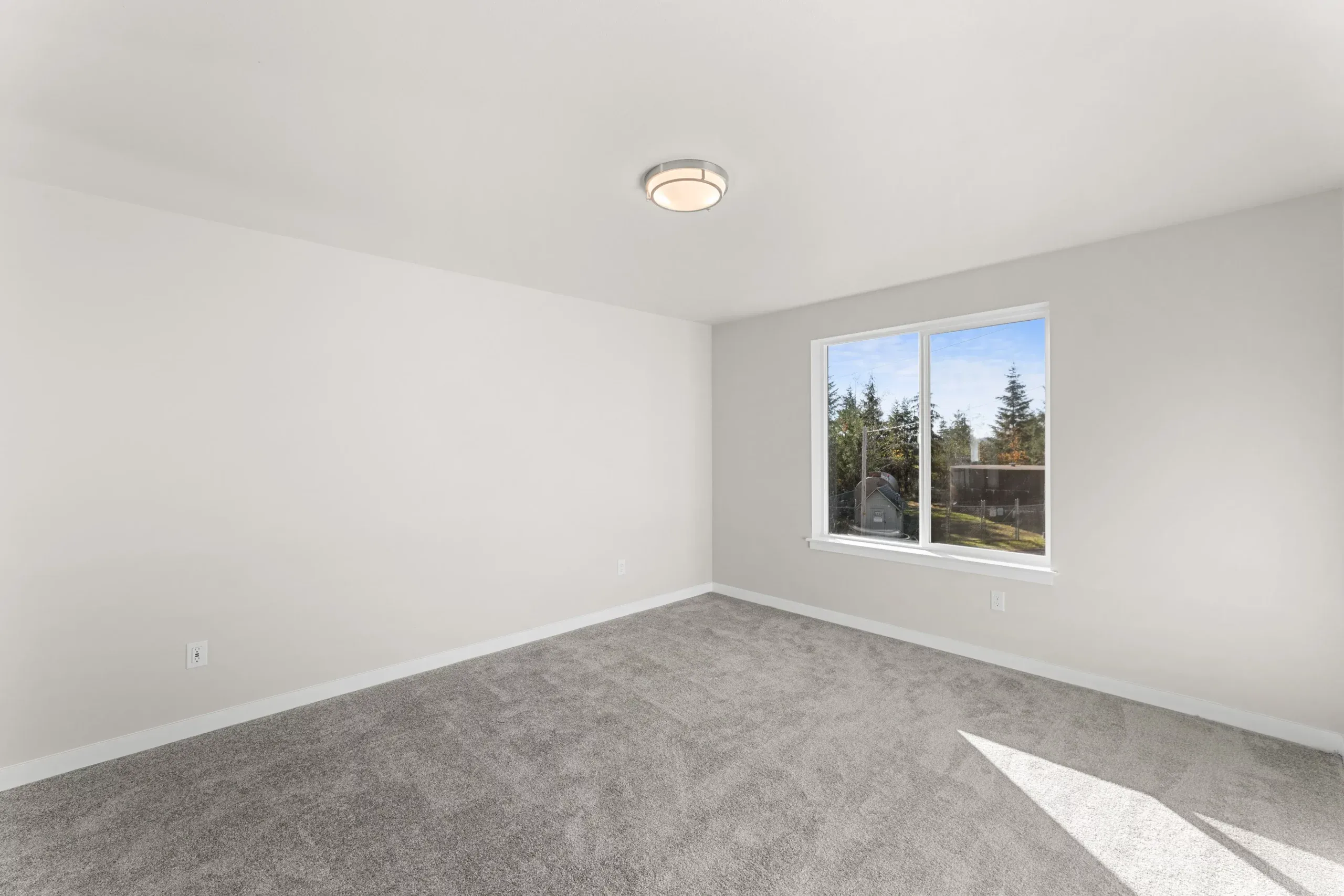 Empty white bedroom with gray carpet, ceiling light, and a window letting in daylight