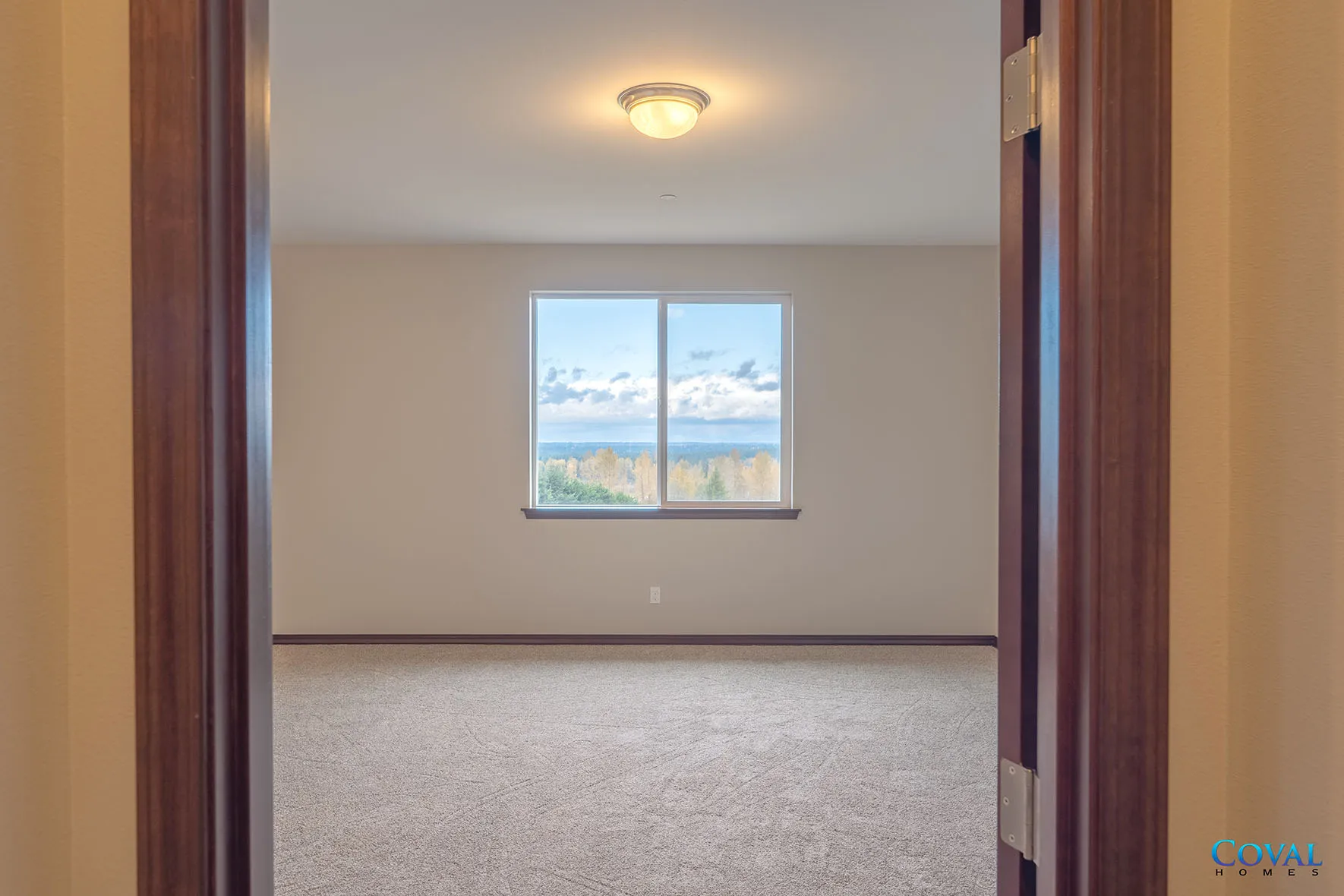 Empty carpeted room with a window and ceiling light, viewed through a doorway
