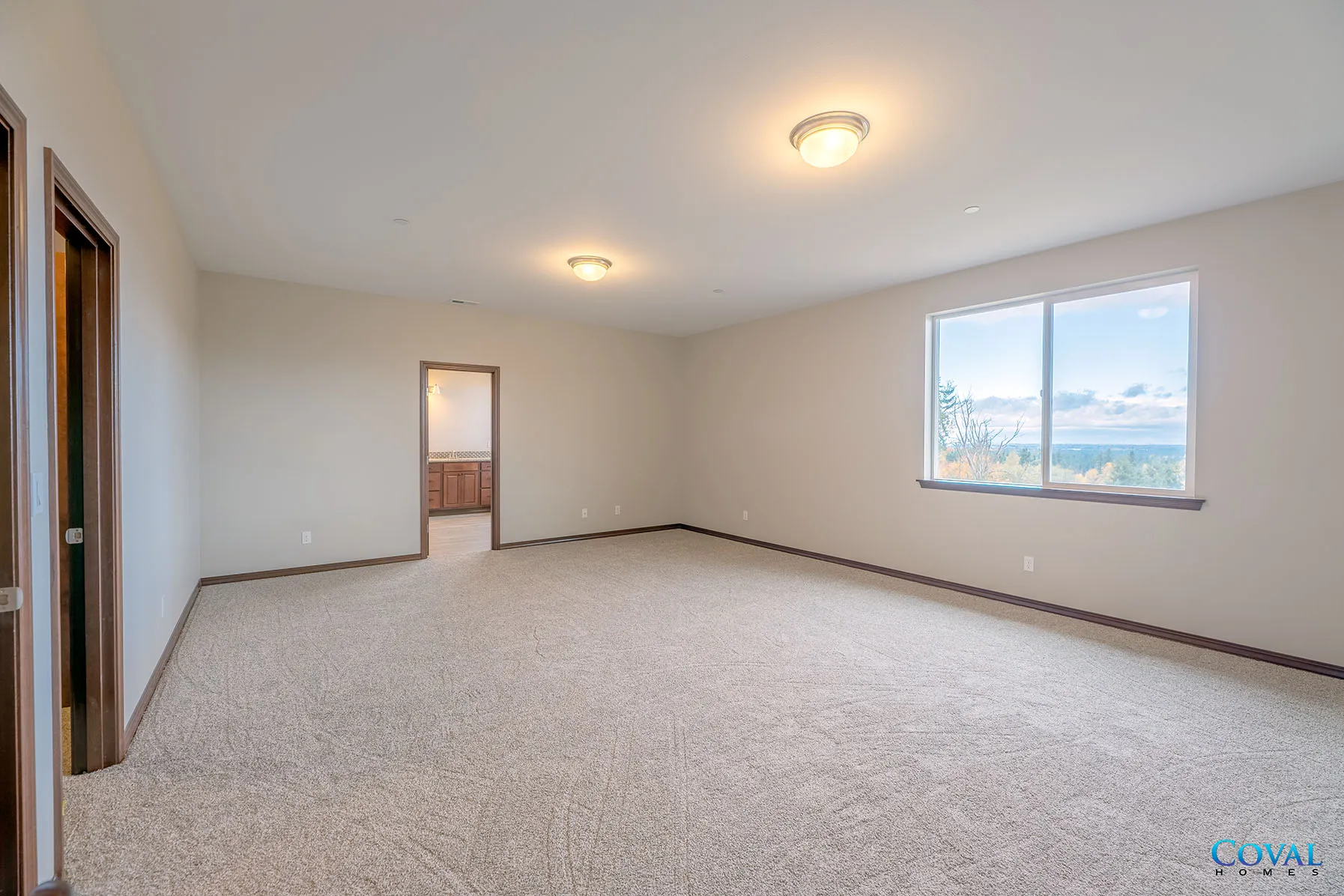 Empty beige carpeted living room with white walls, ceiling lights, and a window