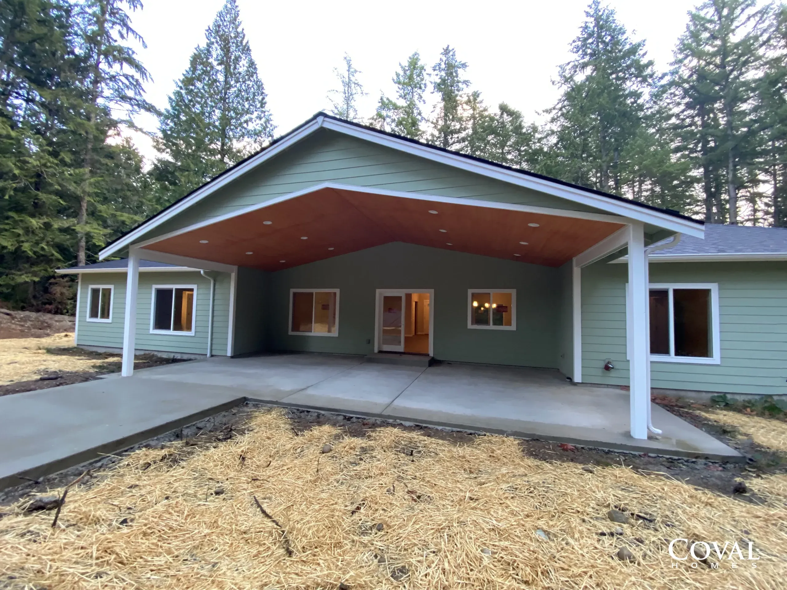 Single-story house with covered front porch, green siding, and tall trees in the background