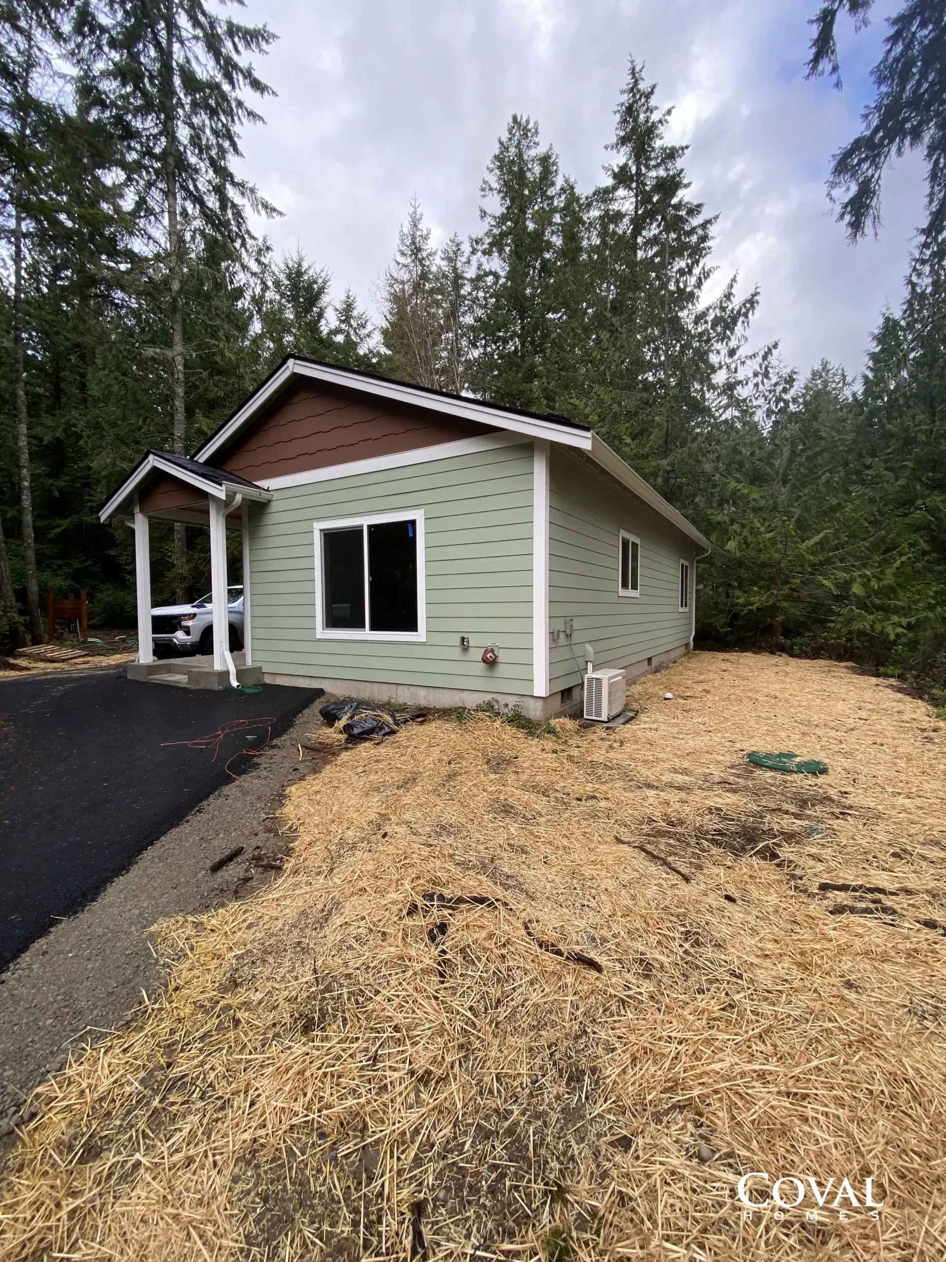 Small green house with a porch beside a paved driveway, surrounded by trees and wood chips.