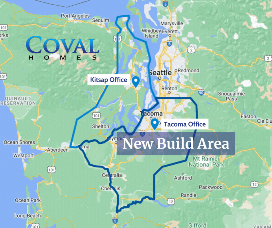 Map showing COVAL Homes offices and a blue outlined New Build Area near Tacoma and Seattle