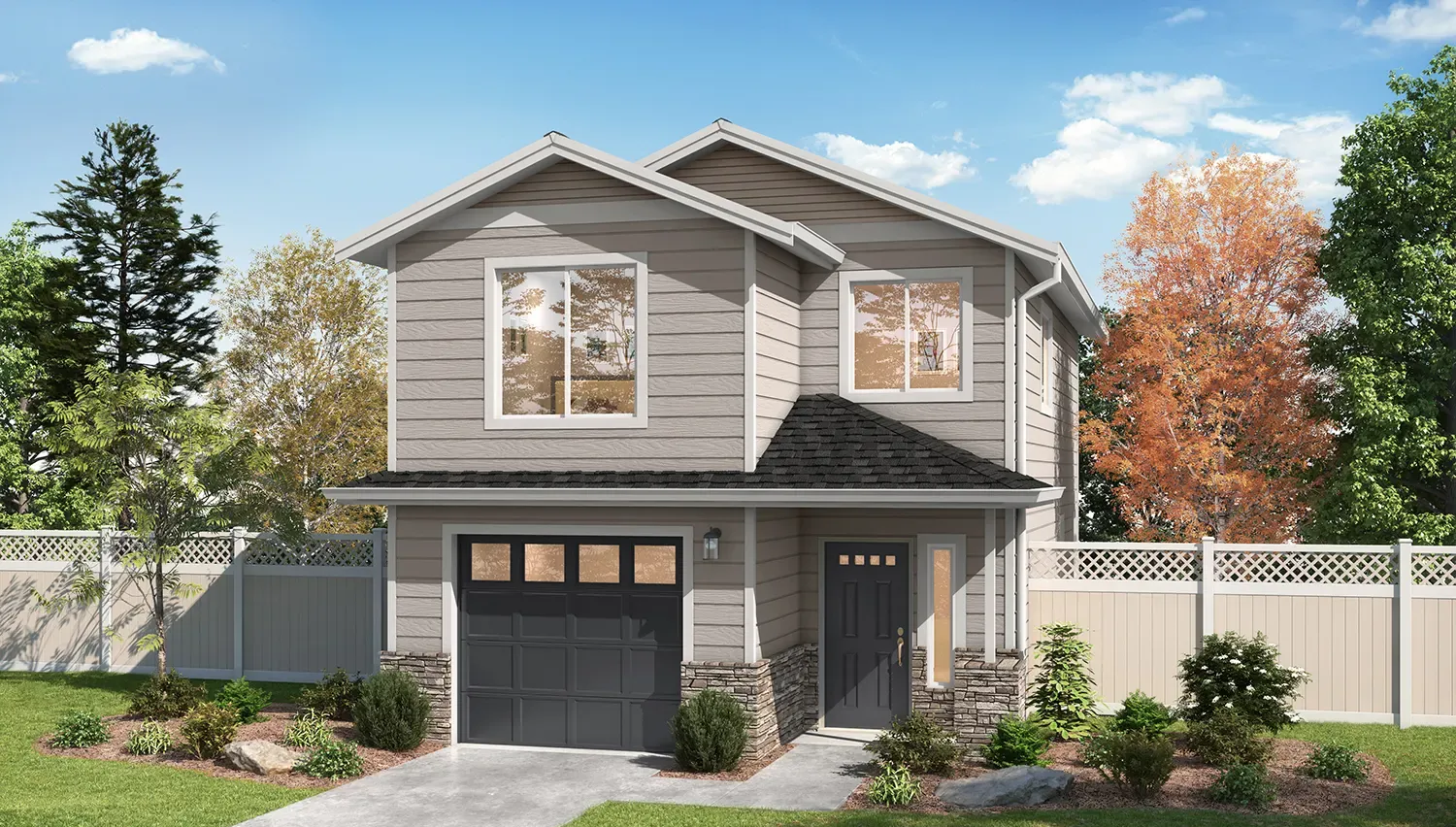 Two-story gray house with a single-car garage, white fence, and landscaped front yard on a sunny day