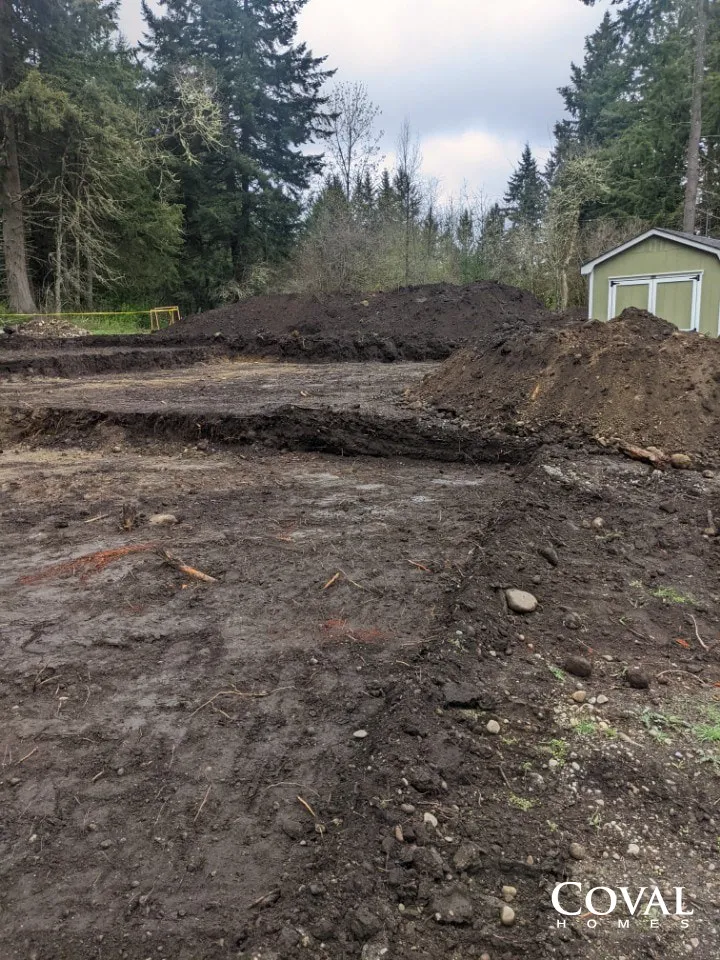 Freshly graded muddy lot with dirt piles, evergreen trees, and a small green shed in the background.