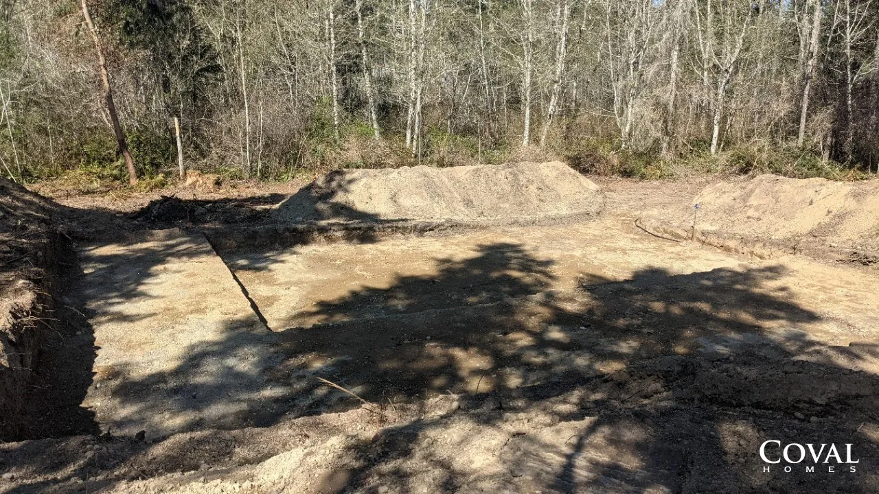 Cleared dirt area with a narrow concrete slab beside a wooded tree line in sunlight