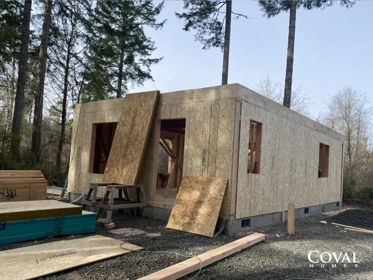 Partially built wooden cabin with plywood walls and roof in a wooded outdoor site