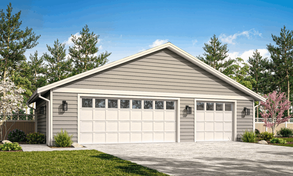 Single-story beige garage with white doors and a sloped roof in a suburban yard