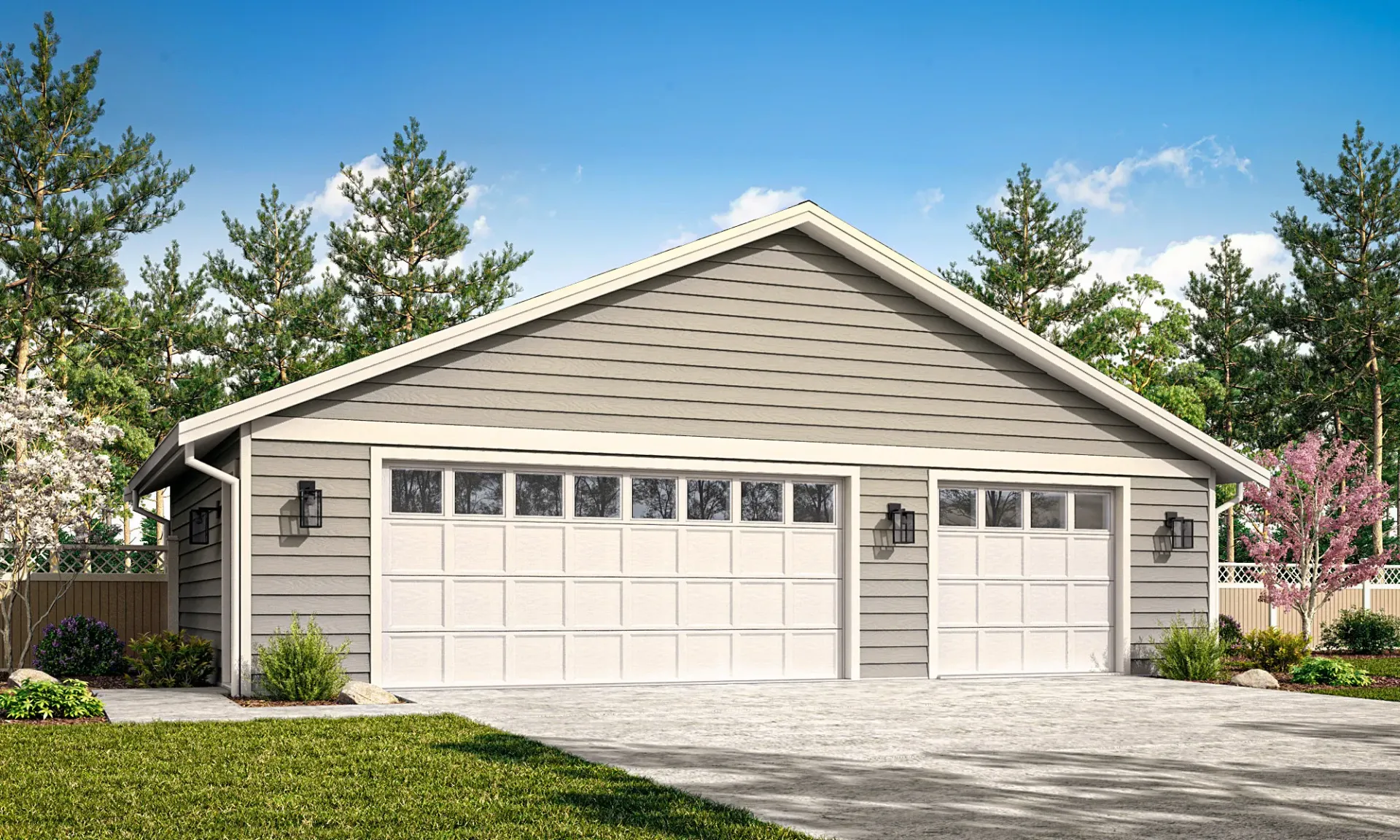 Two-car beige garage with white doors and a gray driveway, framed by pine trees.