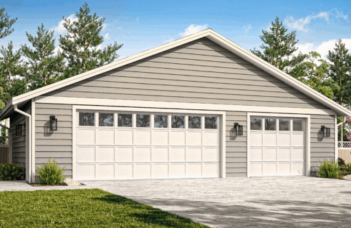 Two-car beige garage with white doors and a gray driveway, framed by pine trees.