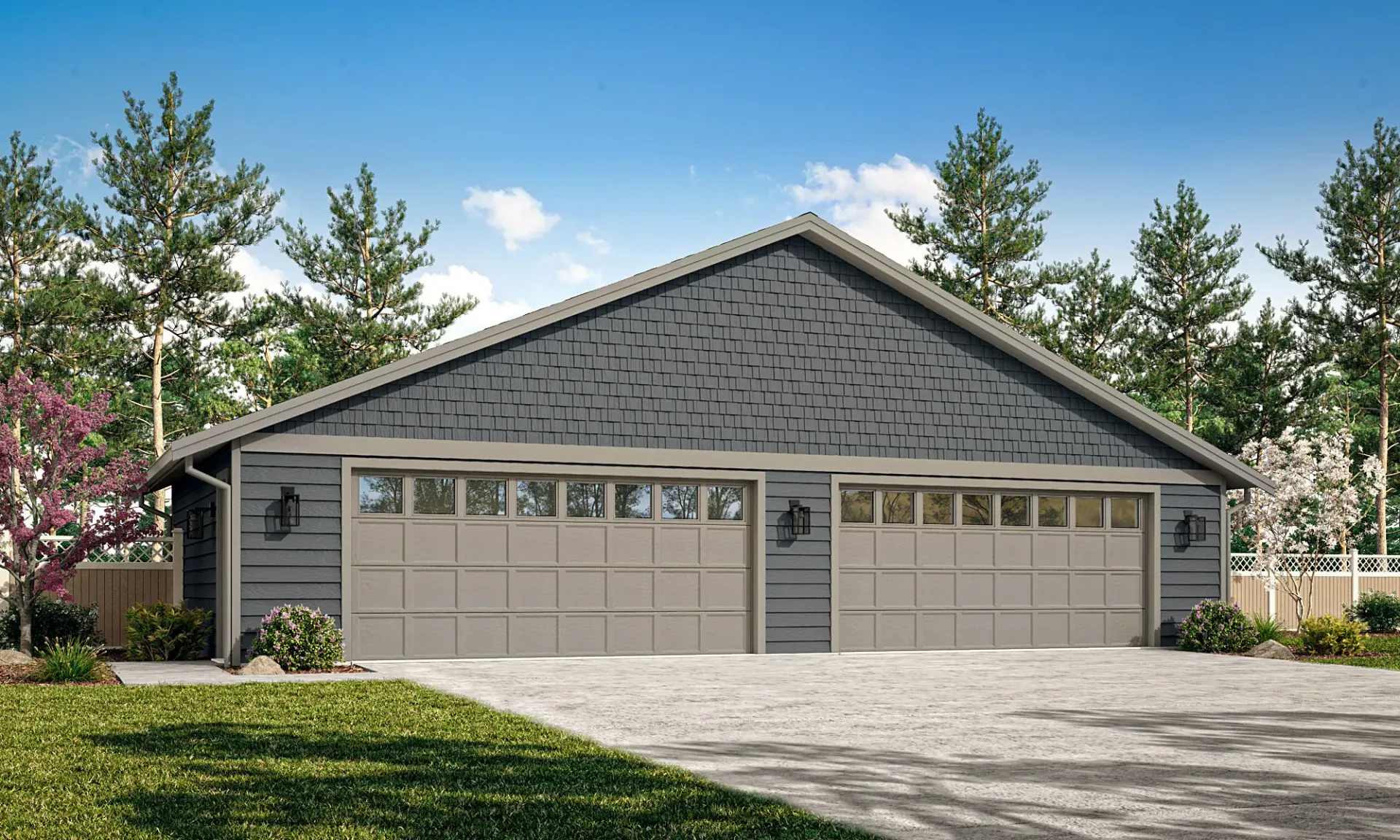 Gray three-car garage with gabled roof and stone accents in a suburban setting