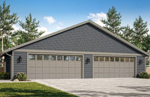 Gray three-car garage with gabled roof and stone accents in a suburban setting