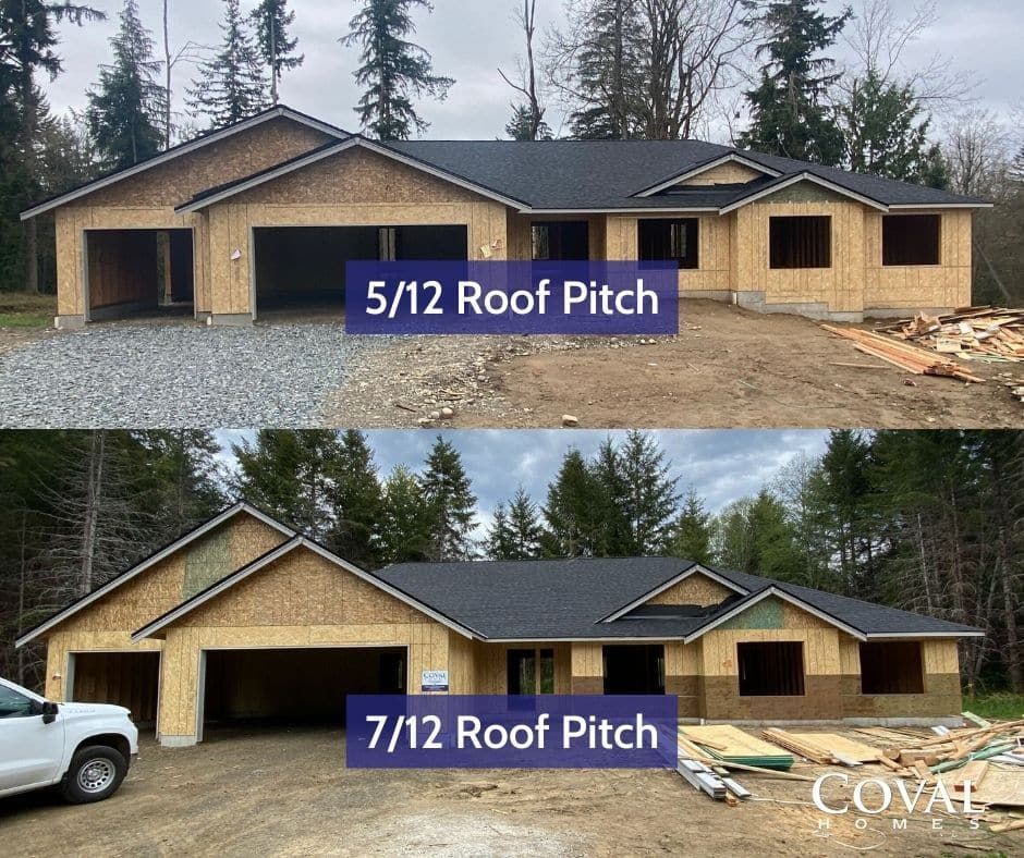 Two-house comparison showing 5/12 and 7/12 roof pitches on a new home exterior.