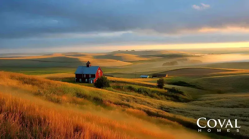 An idyllic rural landscape featuring smooth, rolling hills covered in golden, sunlit grass in the foreground. Nestled in the valley below is a classic, bright red barn with a light-colored roof, surrounded by expansive agricultural fields. Soft, low-lying mist gathers in the valleys and drifts across the distant hills. The scene is illuminated by the warm, brilliant light of a sunrise or sunset on the right horizon, which contrasts with a dramatic sky of heavy, dark blue clouds to the left. The logo "COVAL HOMES" is displayed in the bottom right corner.