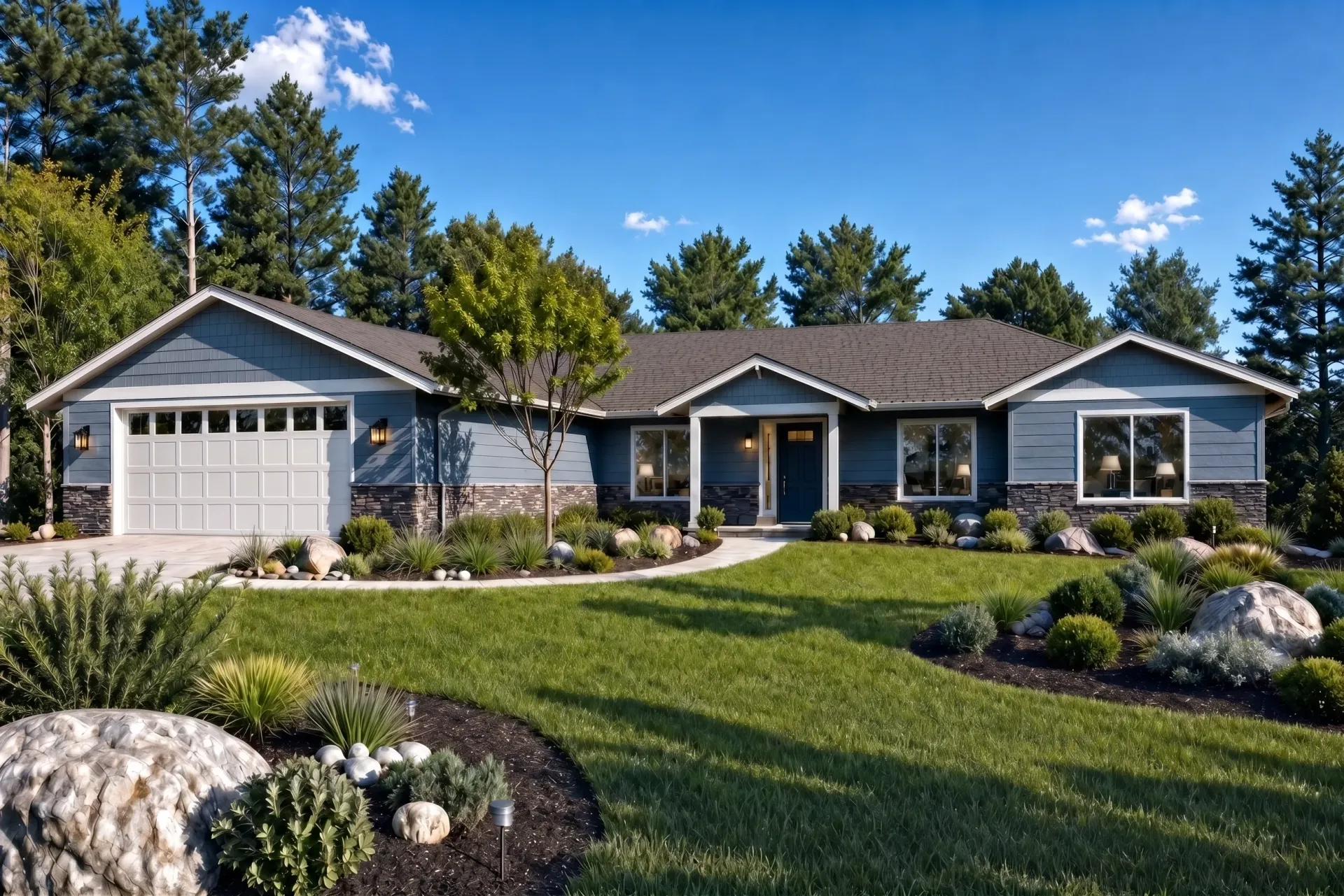 Single-story suburban brick house with a large green lawn, trees, and a clear blue sky