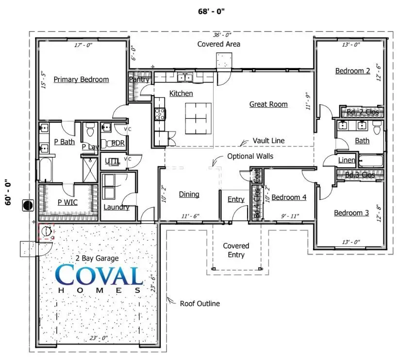 Black-and-white floor plan of a Coval Homes house with labeled rooms and covered patio.